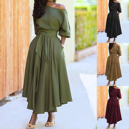 Women's Clothing Middle East Lace-up Waist-controlled Temperament Pure Color Dress