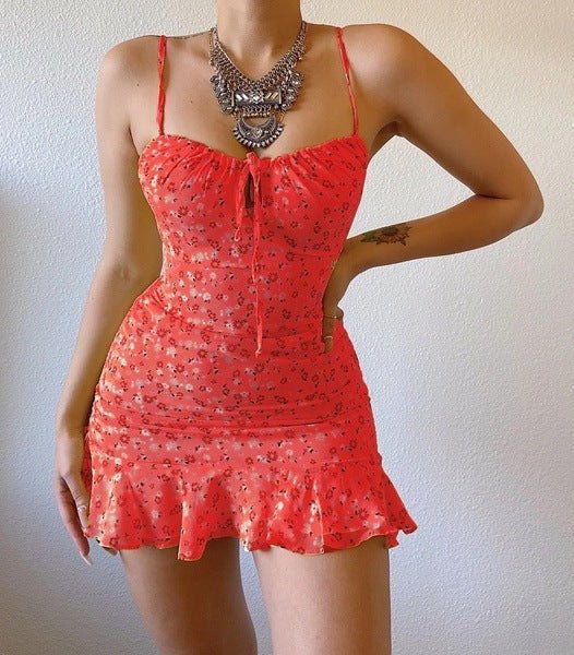 Floral Strap Chest Hollow Dress - Sophinity