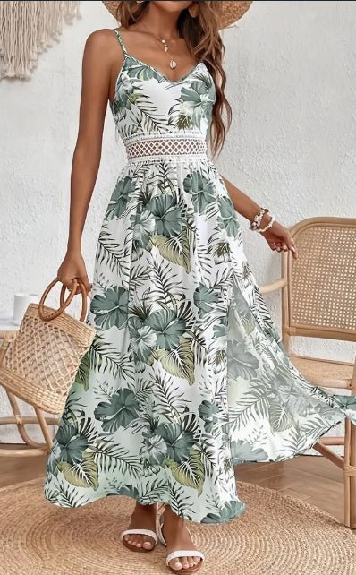 Womens Spring Summer Chic Maxi Dress - Adjustable Spaghetti Straps, Floral Print, Elegant High Slit - Versatile Day - to - Night Wear - Sophinity