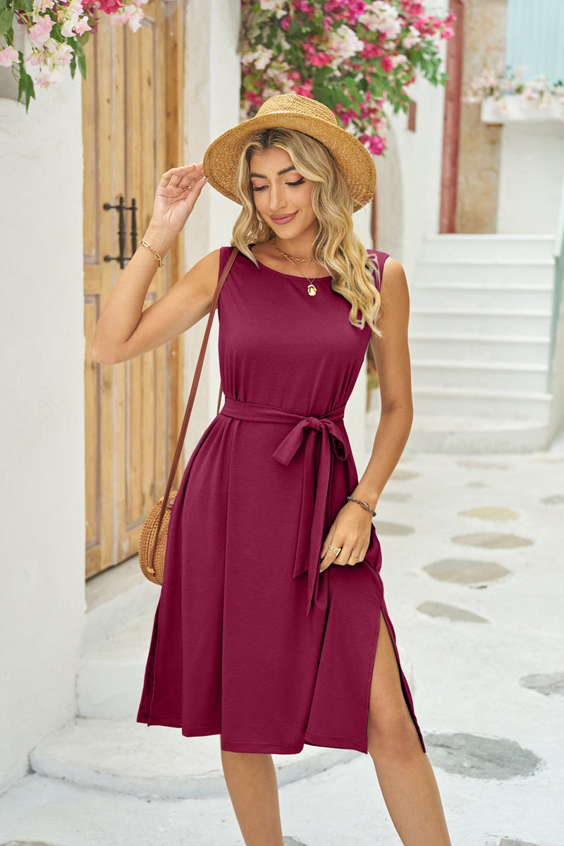 Summer Sleeveless Dress With Pockets Waist Lace-up Slits Dresses Fashion Womens Clothing - Sophinity