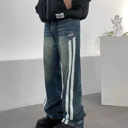 New Jeans Retro Distressed Three Bars Straight Men - Sophinity