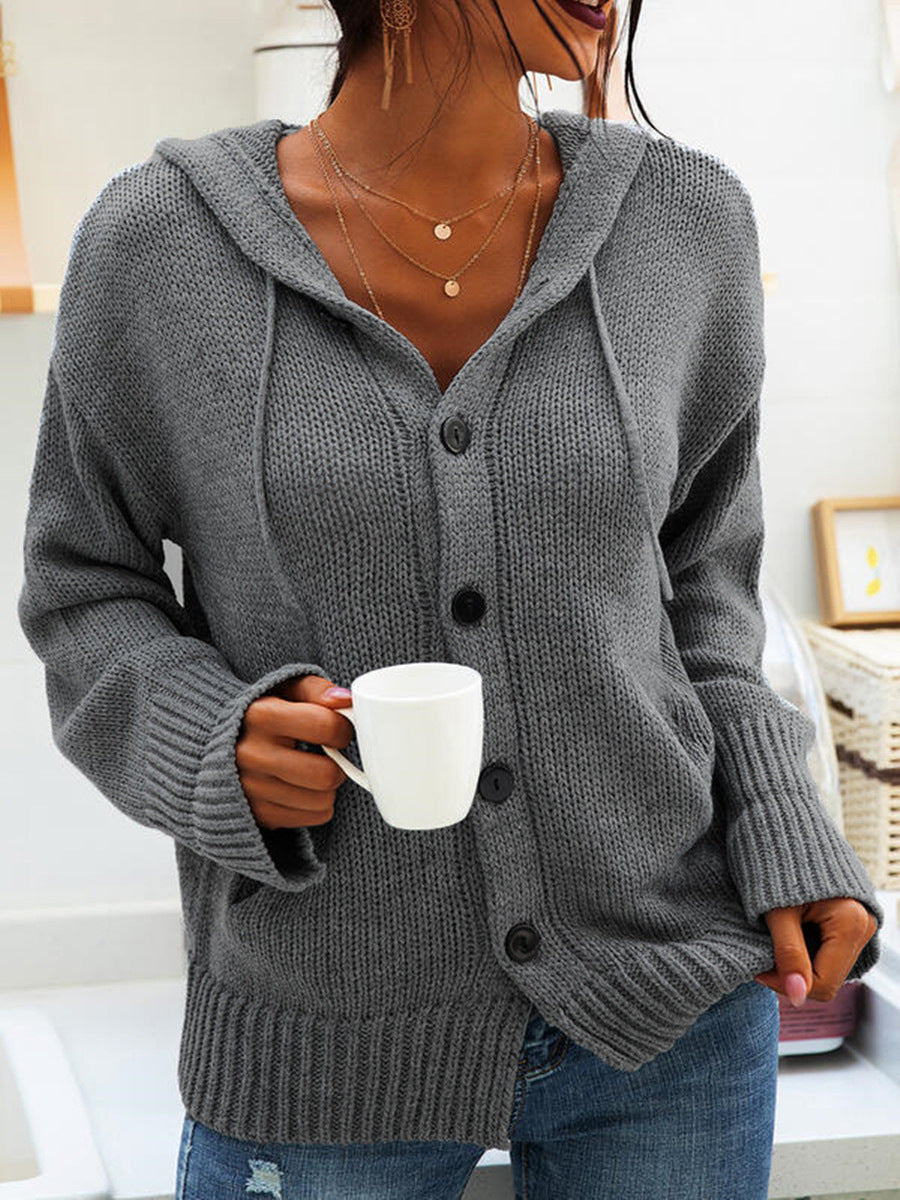 Hooded Knitted Long-sleeved Breasted Cardigan Drawstring Sweater - Sophinity