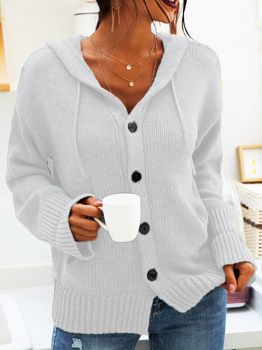 Hooded Knitted Long-sleeved Breasted Cardigan Drawstring Sweater - Sophinity