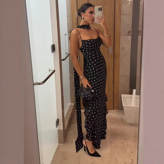 Women's High-grade Sleeveless Polka Dot Scarf Collar Ruffled Spaghetti Straps Dress - Sophinity