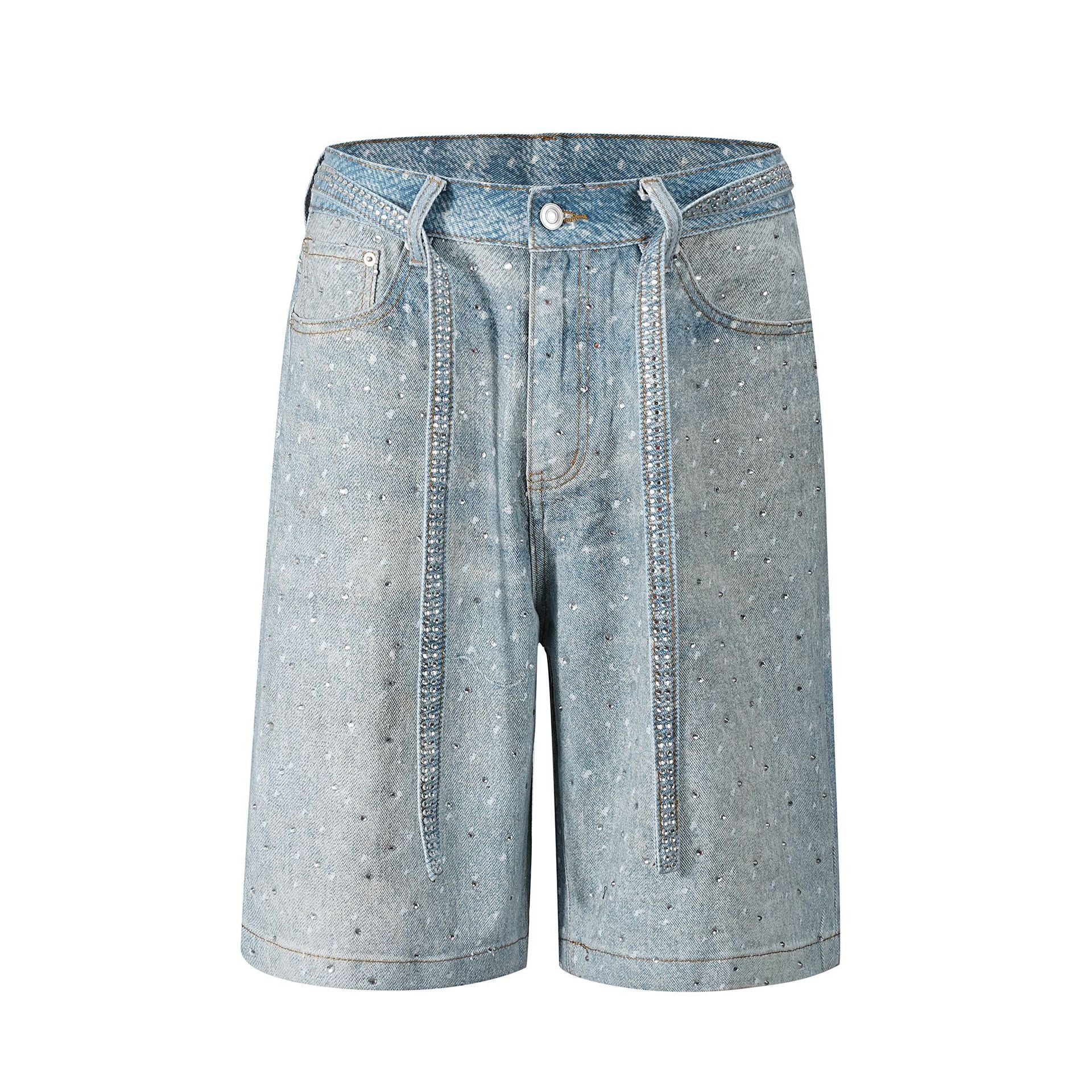 Ins Style Washed Rhinestone Belt Belt Denim Shorts - Sophinity