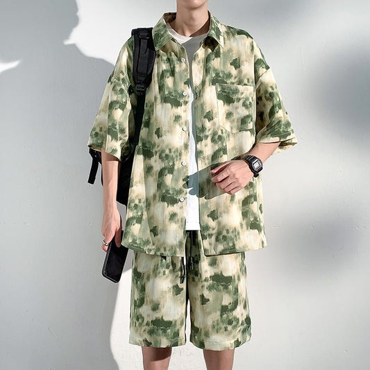 Cool Feeling Ice Silk Short Sleeve Shirt Shorts Loose And Handsome Clothes Set - Sophinity