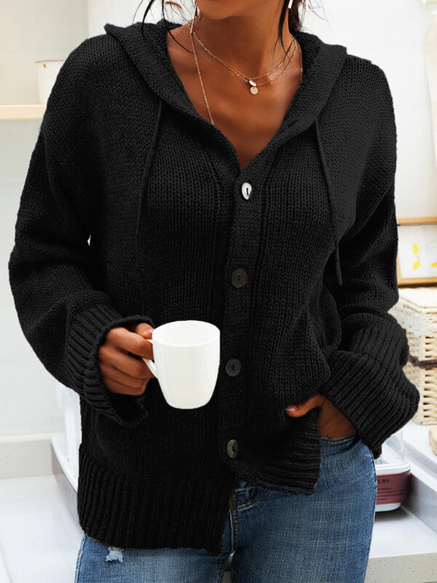 Hooded Knitted Long-sleeved Breasted Cardigan Drawstring Sweater - Sophinity