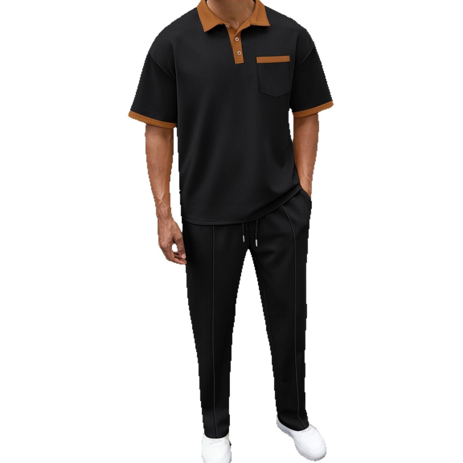 Waffle Lapel Color Matching Short - sleeved Trousers Two - piece Casual Suit - Sophinity