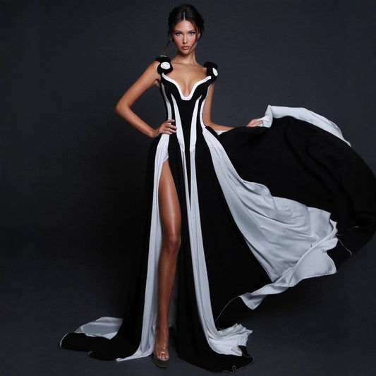 Black And White V-neck Spliced High Waisted Mop Dress - Sophinity