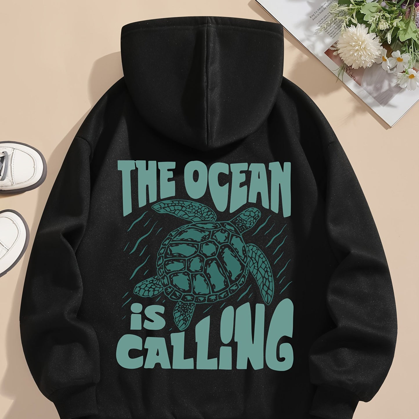 Turtle Print Hoodie Drawstring Sweatshirt Suitable For Women In Winter And Autumn - Sophinity