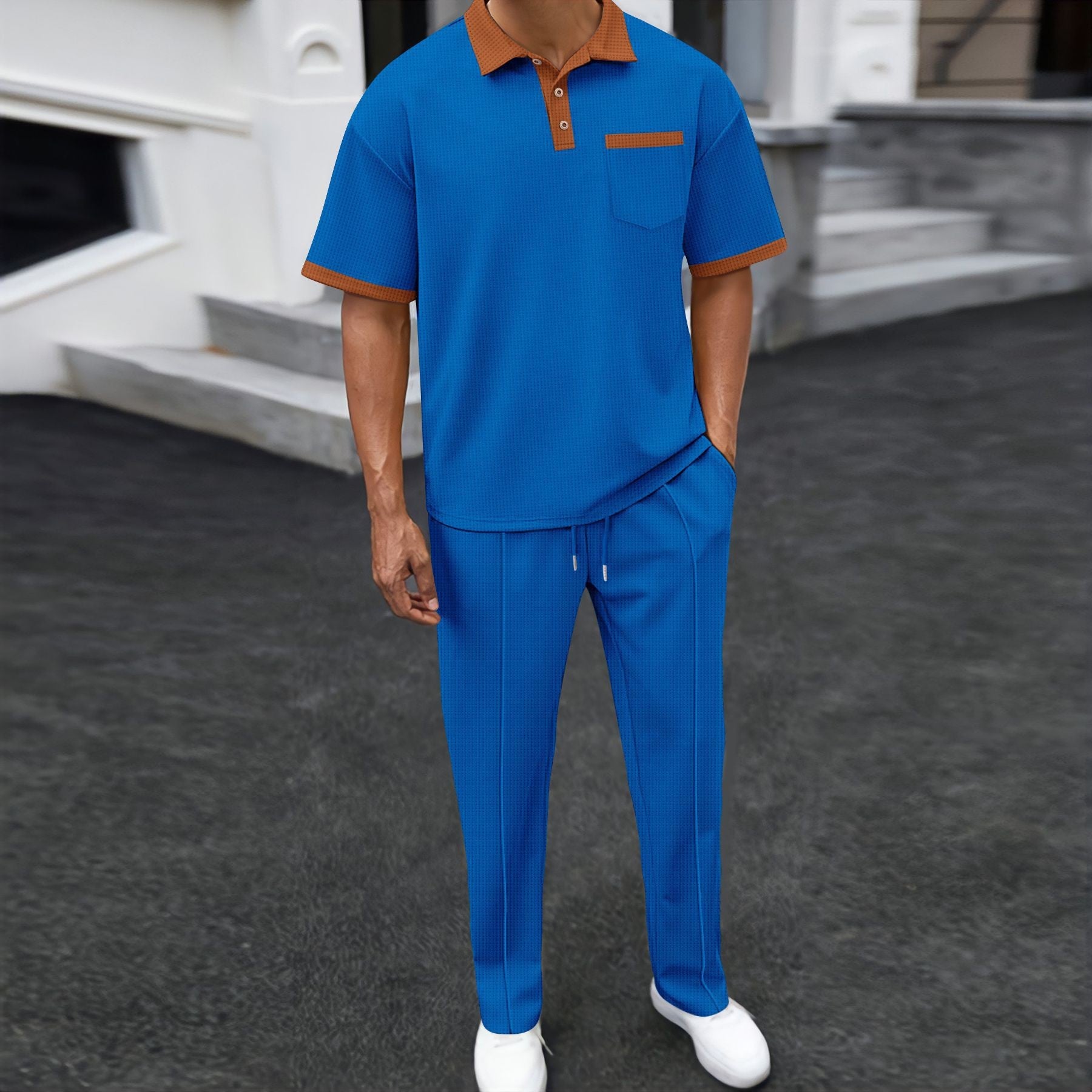 Waffle Lapel Color Matching Short - sleeved Trousers Two - piece Casual Suit - Sophinity
