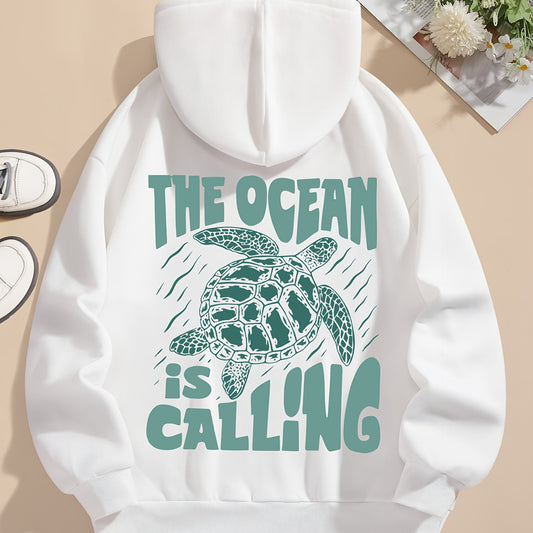Turtle Print Hoodie Drawstring Sweatshirt Suitable For Women In Winter And Autumn - Sophinity