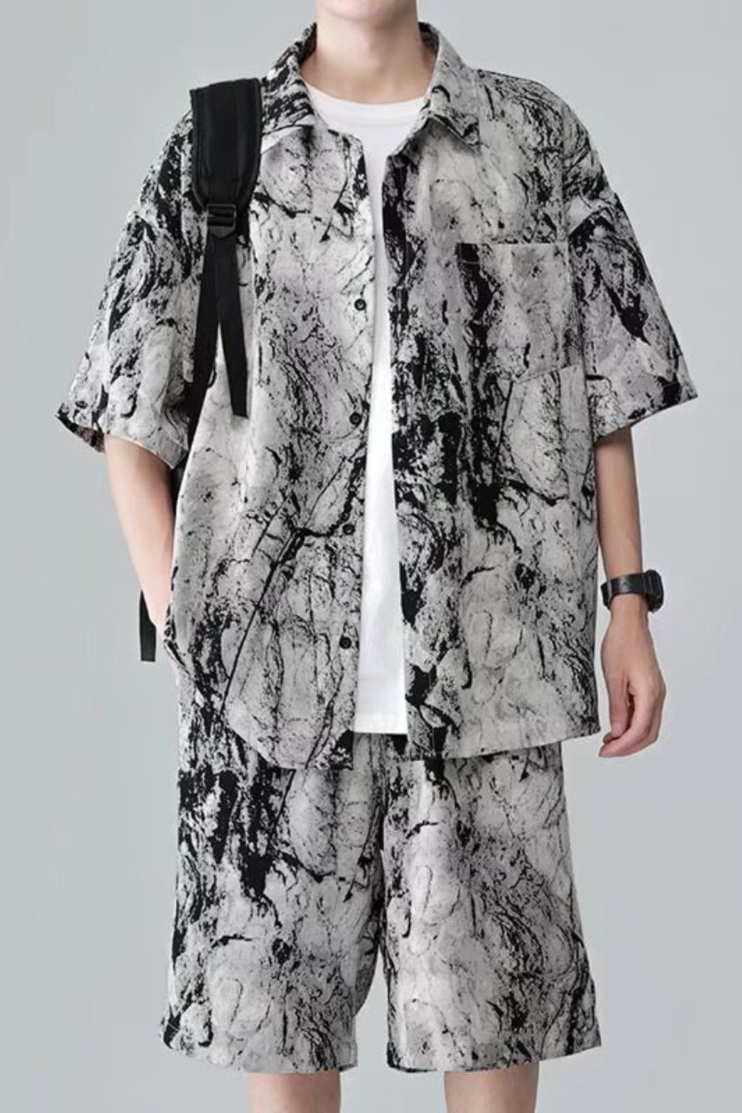 Cool Feeling Ice Silk Short Sleeve Shirt Shorts Loose And Handsome Clothes Set - Sophinity