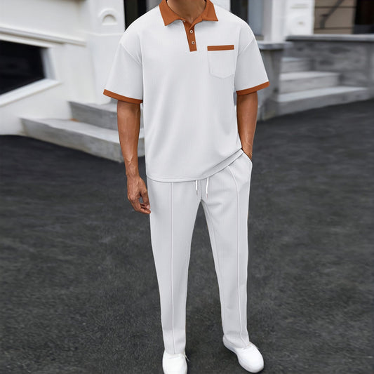 Waffle Lapel Color Matching Short - sleeved Trousers Two - piece Casual Suit - Sophinity