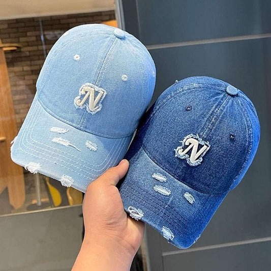 Embroidered Denim Letter Baseball Women's Ripped Peaked Cap Sun Hat - Sophinity