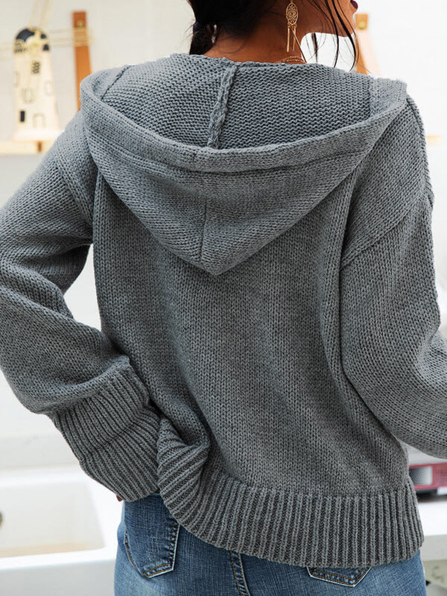 Hooded Knitted Long-sleeved Breasted Cardigan Drawstring Sweater - Sophinity