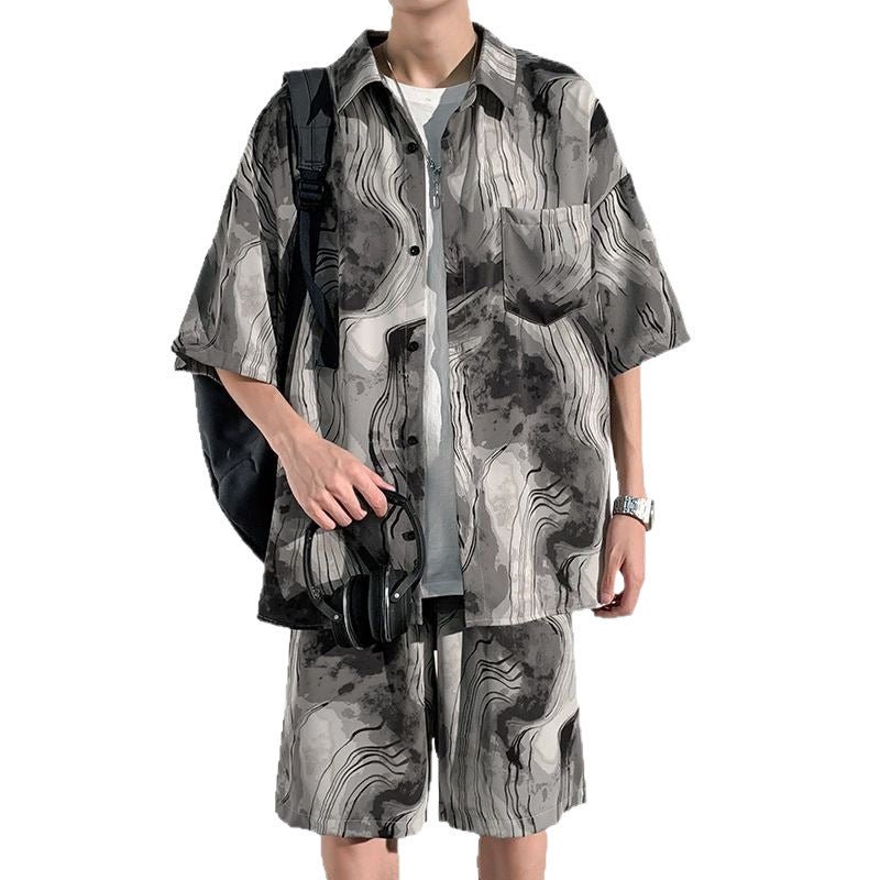 Cool Feeling Ice Silk Short Sleeve Shirt Shorts Loose And Handsome Clothes Set - Sophinity