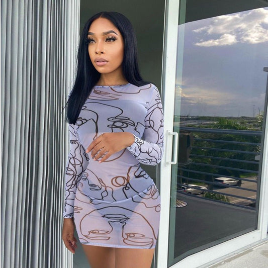 Women's Round Neck Long Sleeve Art Graffiti Slim Dress - Sophinity