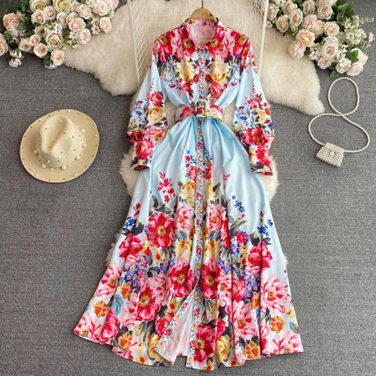 Light Luxury Lapel Puff Sleeve Single-breasted Printing A Words Dress - Sophinity