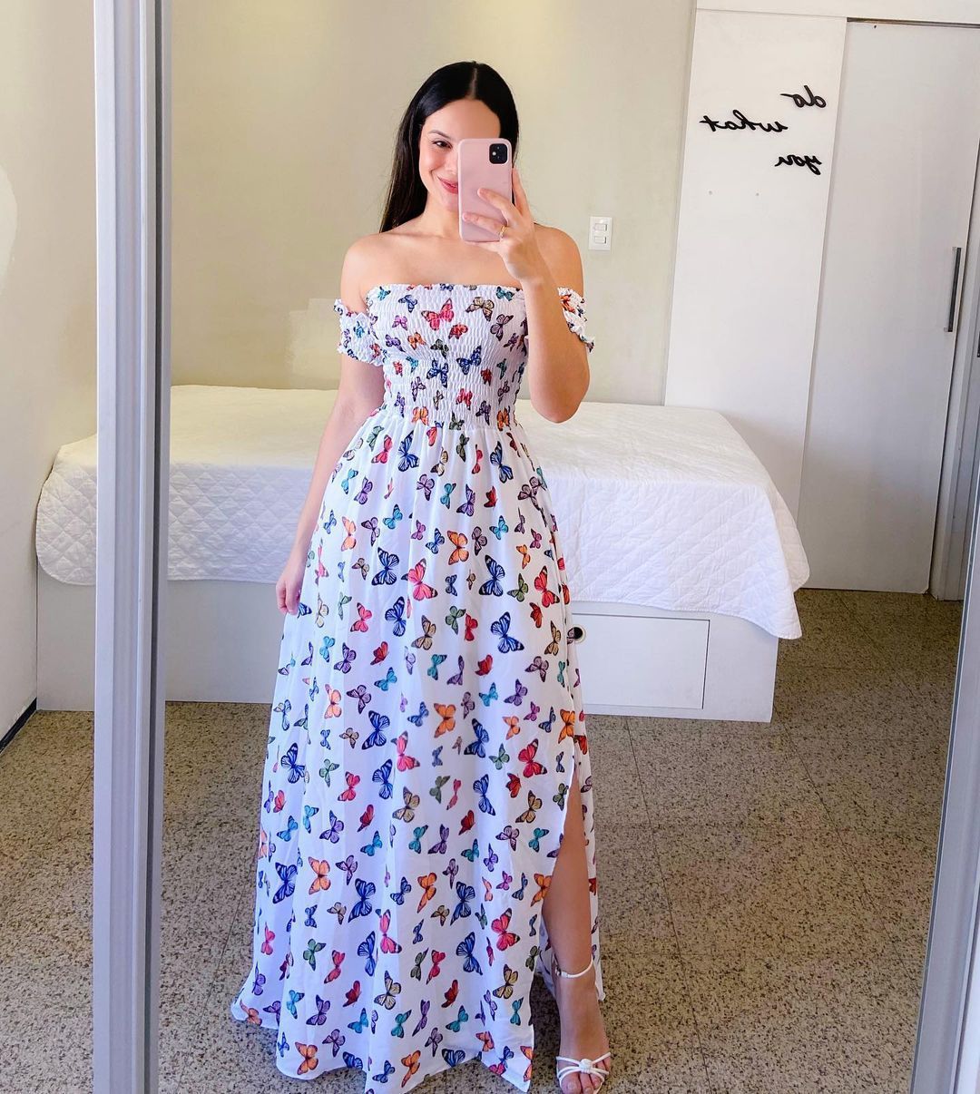 Off-shoulder Printed Butterfly Rainbow Dress - Sophinity