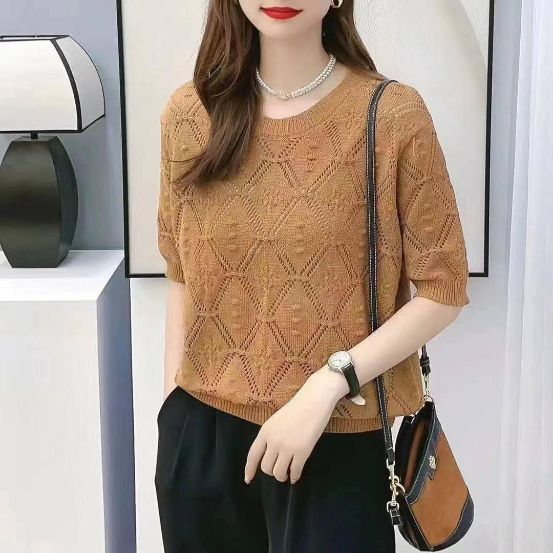 Summer Knitwear Women's Thin Short Sleeve Round Neck Sweater - Sophinity