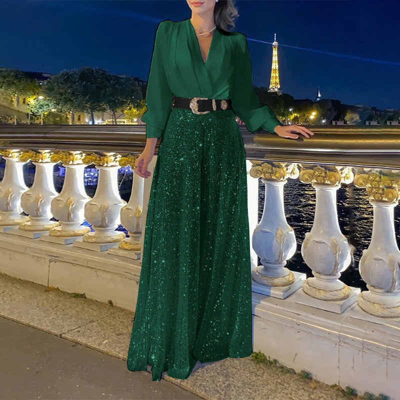V-neck Elegant Waist Slimming Sequined Ladies - Sophinity