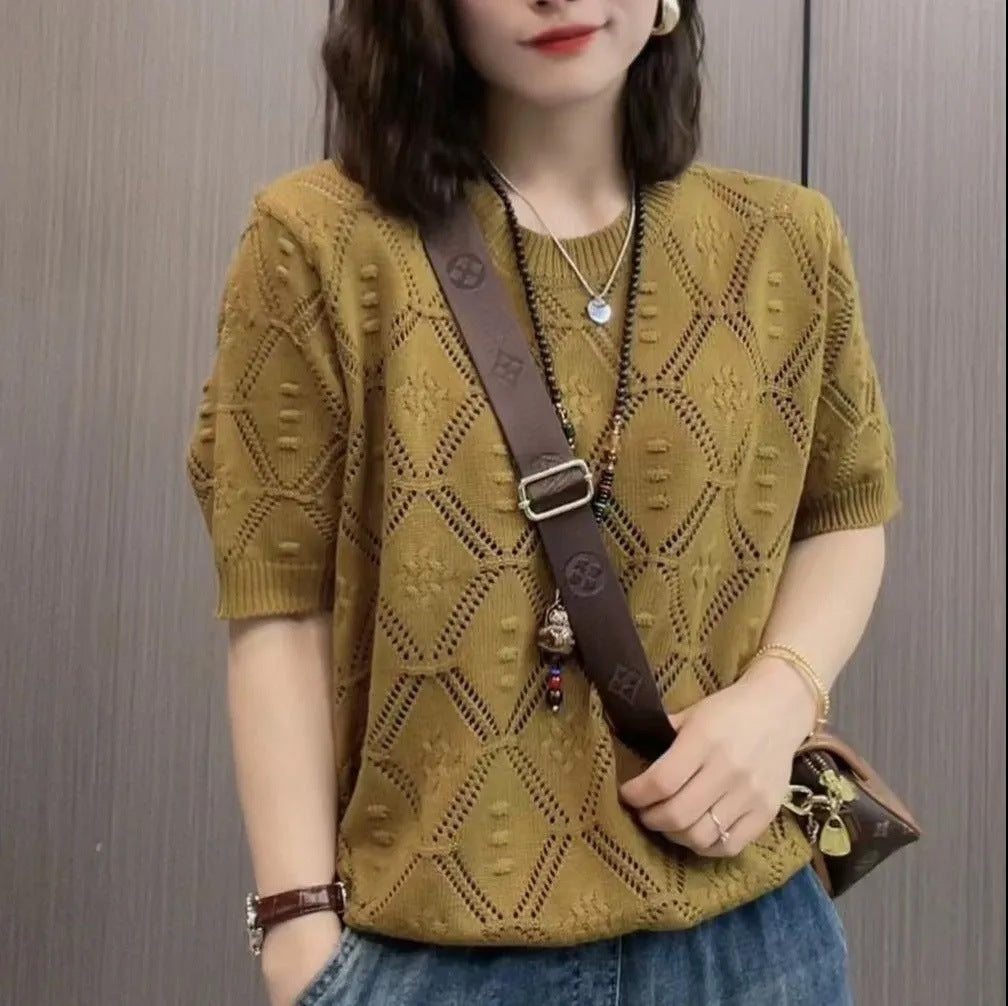 Summer Knitwear Women's Thin Short Sleeve Round Neck Sweater - Sophinity