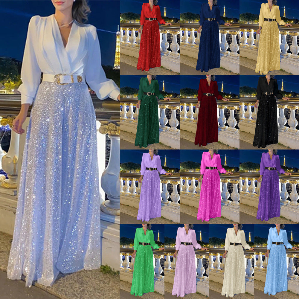 V-neck Elegant Waist Slimming Sequined Ladies - Sophinity