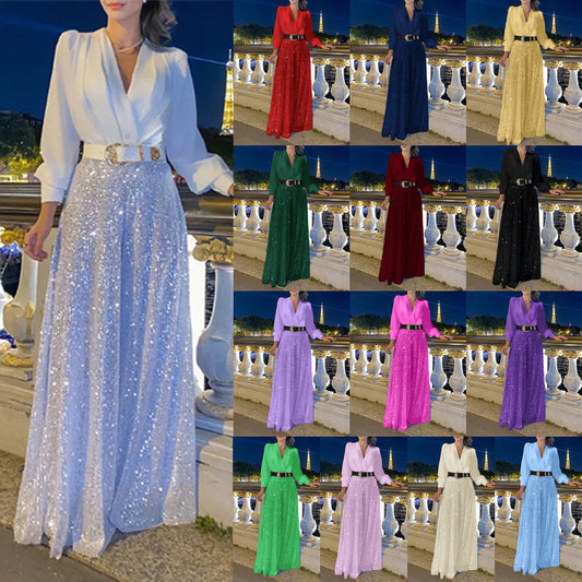 V-neck Elegant Waist Slimming Sequined Ladies - Sophinity
