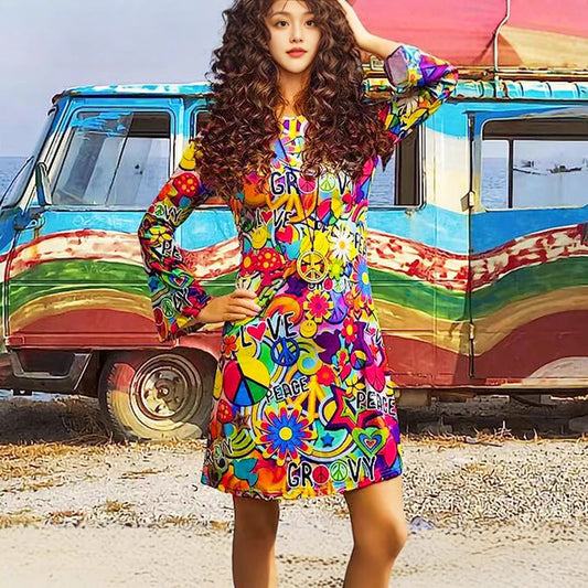 Vintage Hippie Clothing Print Women Dress - Sophinity