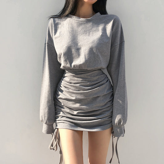 Stylish American athleisure sweater dress in grey with ruched sides and long sleeves