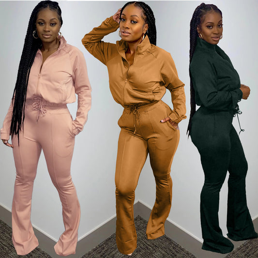 Stylish athleisure two piece set in pink, brown, and black with a flattering fit and drawstring details