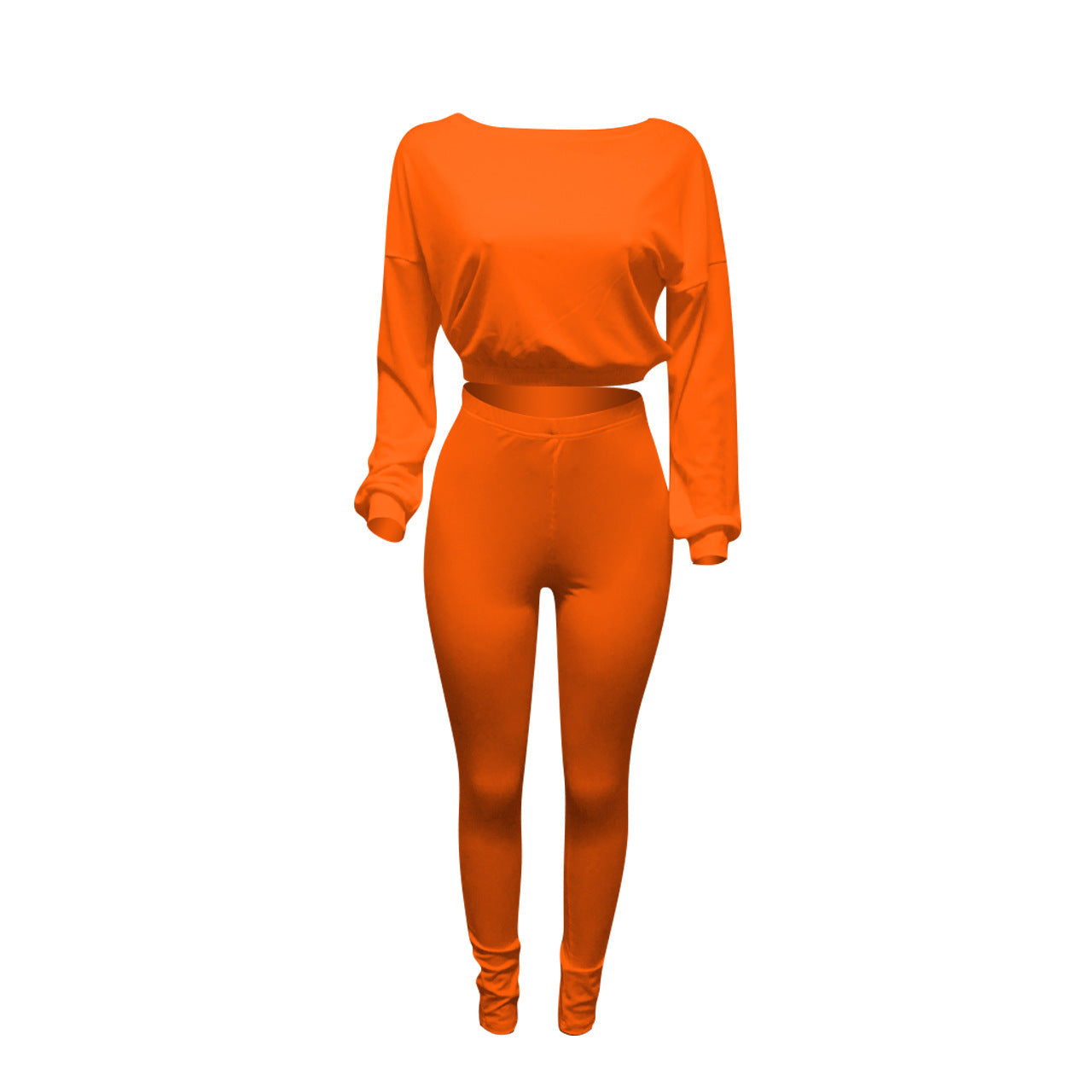 Bright orange autumn ribbed athleisure suit featuring long sleeves and high-waisted leggings