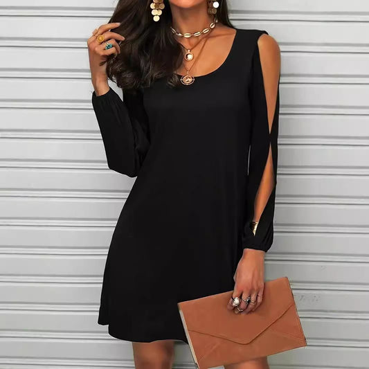 Deep Round Neck Loose Off - the - shoulder Long Sleeve Casual Beach Broken Dress - Sophinity