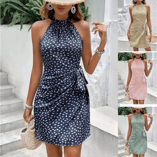 Summer Halterneck Printed Dress With Tied - waist Design Women's Shivering Dots Temperament Dress - Sophinity