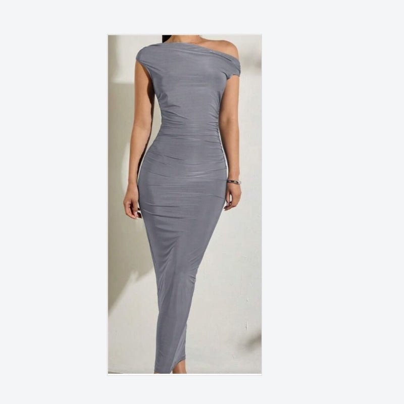 Summer New Elegant Party Daily Date Oblique Shoulder One - Shoulder Off - Shoulder Front Pleated Slim Long Skirt Wavy Texture White Women's Dress - Sophinity