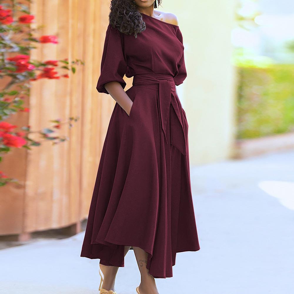 Women's Clothing Middle East Lace-up Waist-controlled Temperament Pure Color Dress