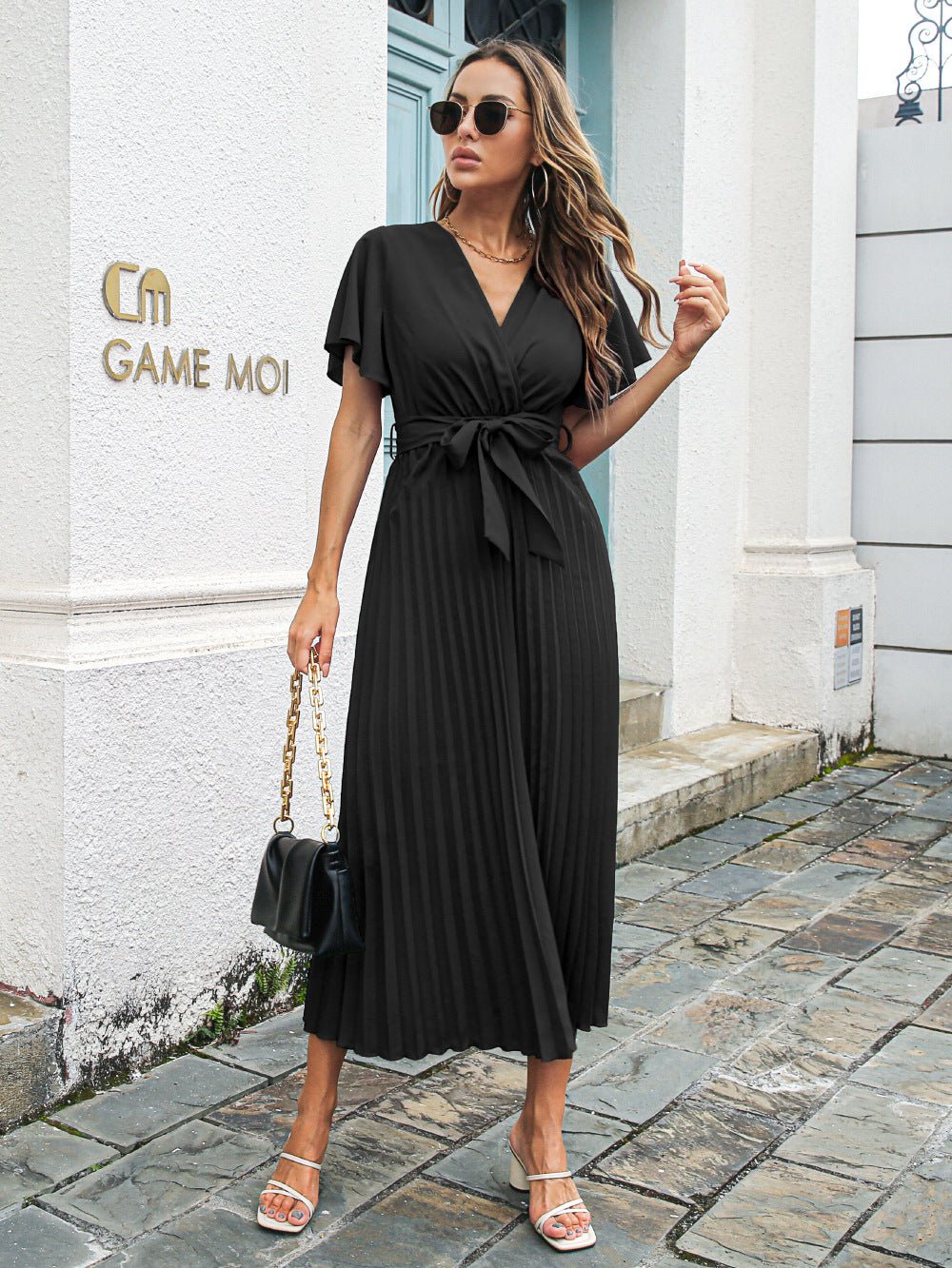 Spring Summer Casual Lotus Leaf Sleeves Lace - up Pleated Chiffon Maxi Dress - Sophinity