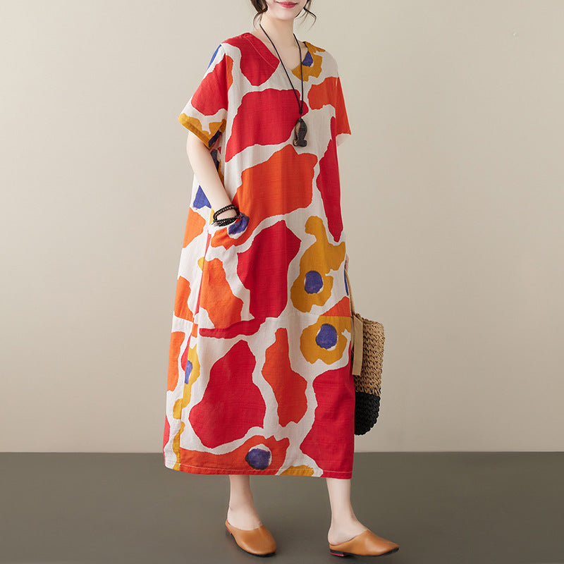Plus Size Cotton And Linen Dress Abstract Printing Short Sleeve Loose - Sophinity