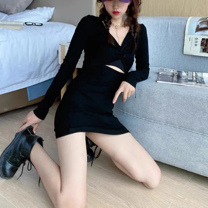 Navel Slimming Hollow Out V - neck Short Sleeve Dress - Sophinity
