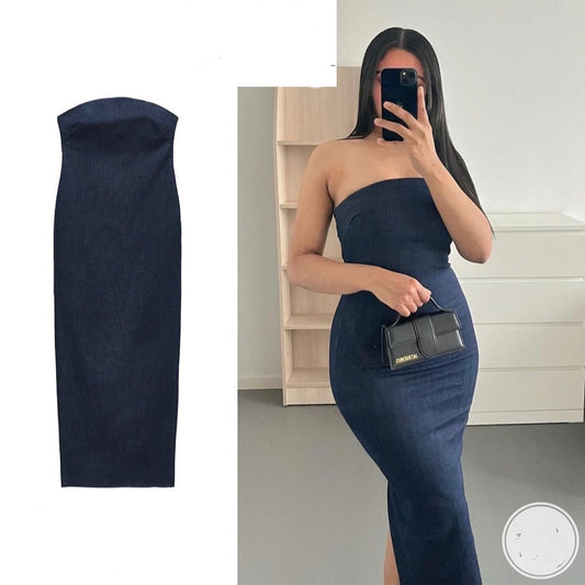 Back Zip Denim Wrap Dress - Sophinity
