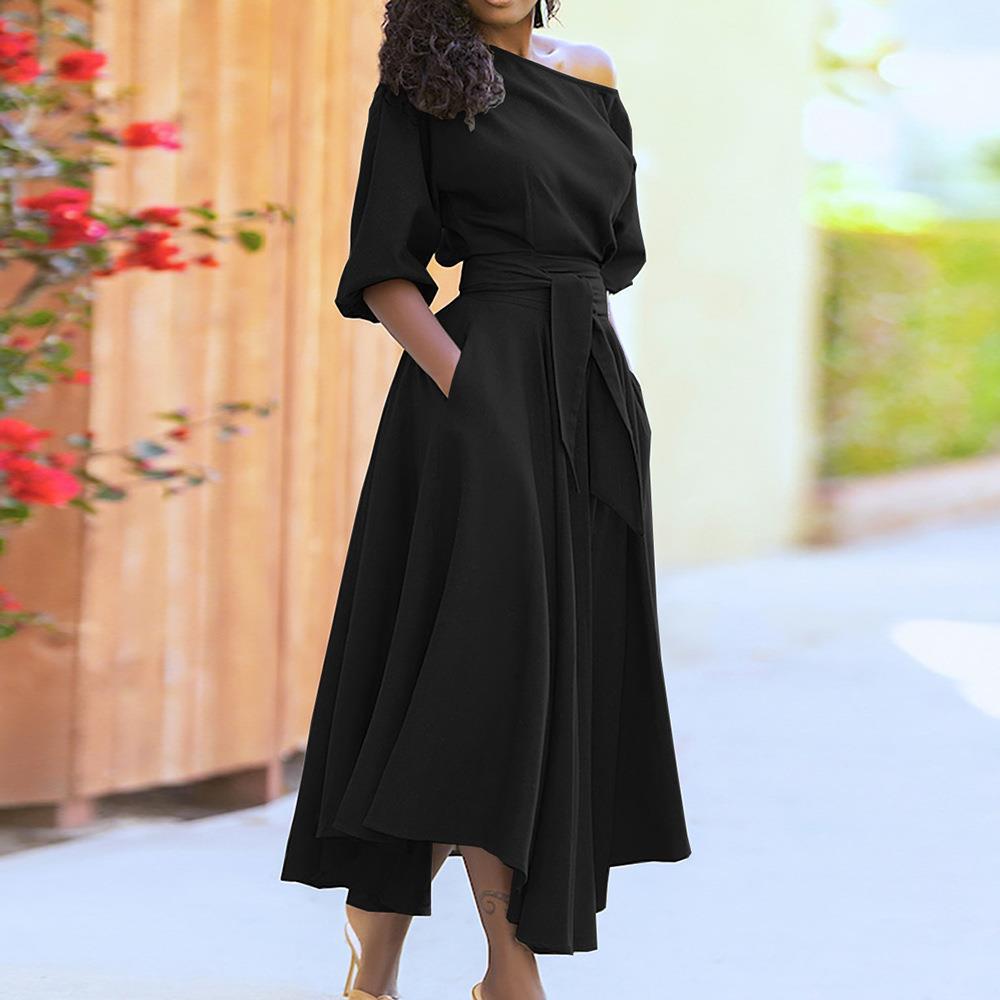 Women's Clothing Middle East Lace-up Waist-controlled Temperament Pure Color Dress