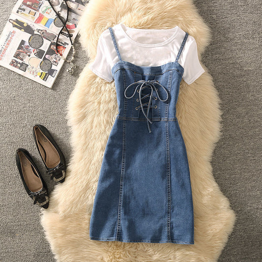 Summer Clothing Denim Braces Skirt Waist Trimming Lace Up Small Size Dress Suit
