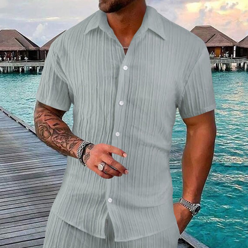 Polo Collar Solid Color Short Sleeve Button Men's Casual Loose Short Sleeves Shirt - Sophinity