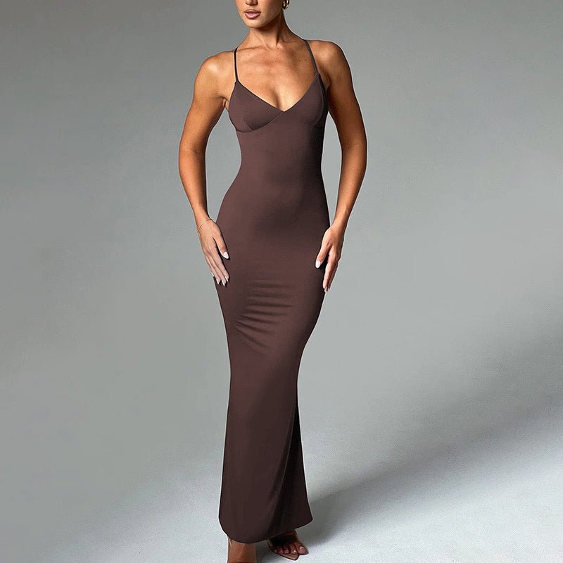 Women's Backless Cross Shoulder Strap Pleated Dress - Sophinity