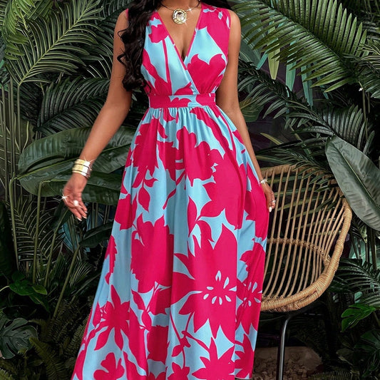 Print Deep V Neckline Cinched Waist Fit And Flare Dress Maxi Women Outfit - Sophinity