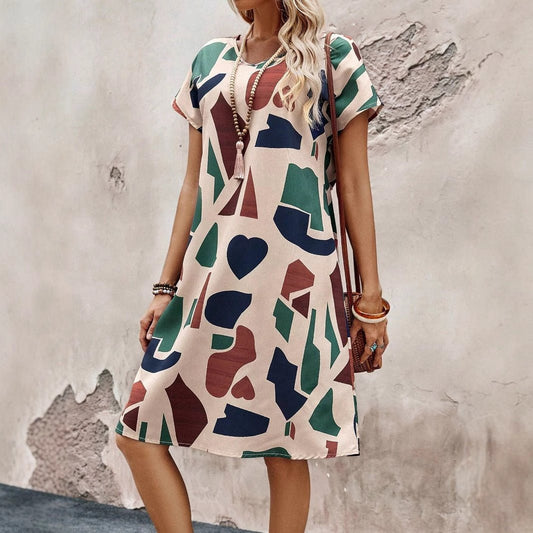 Casual Printed Short Sleeves Round Neck Dress Women - Sophinity