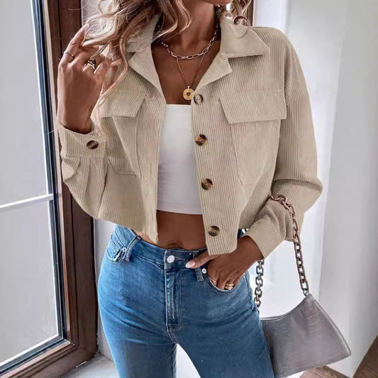 Women's Fashion Short Corduroy Button Jacket Casual Short Coat - Sophinity