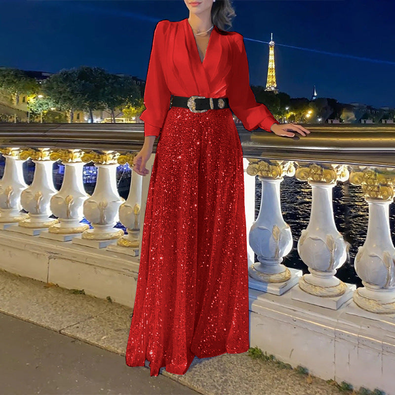 V-neck Elegant Waist Slimming Sequined Ladies - Sophinity