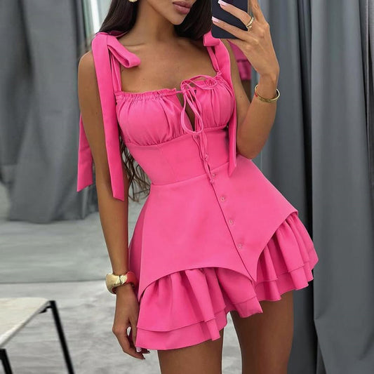 Bow Tie Breasted Irregular Spaghetti-strap Dress - Sophinity